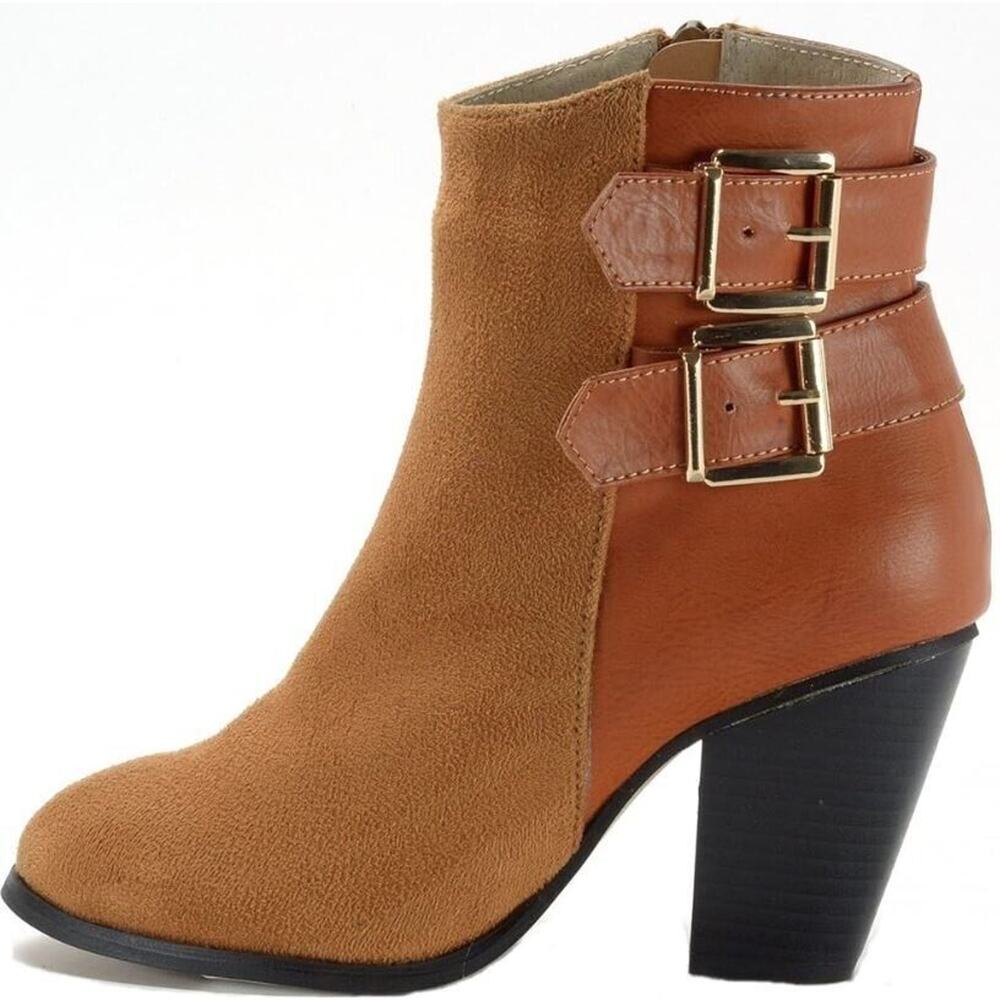 Alpine Swiss Women's Buckle Block Heel Zip Up Boots in Tan Size 6